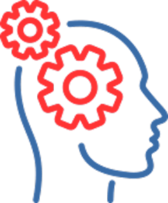 Icon of a person's head in profile with two gears coming out; visualization of thought