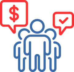 Icon of group of people with two message bubbles, one with a dollar sign and one with a checkmark